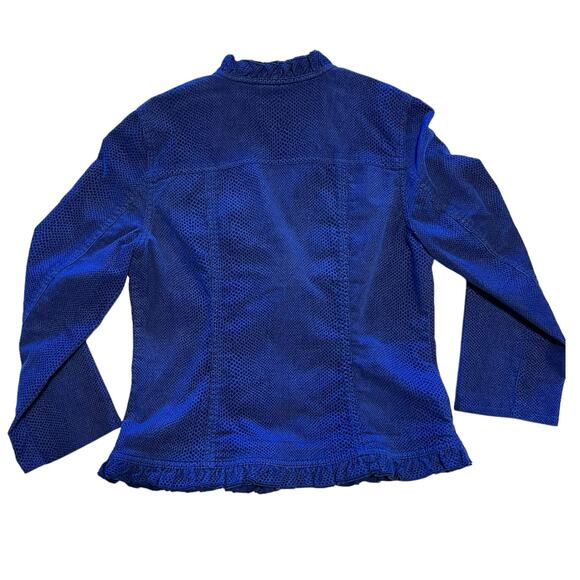 Chicos, 0, Royal Blue textured, V-neck Button Ruffled Jacket - Picture 5 of 11